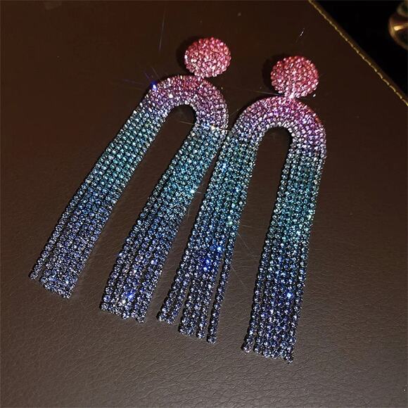 Pink Purple Blue‎ Rhinestone Dangle Drop Rhinestone Earrings Holiday Jewelry - Picture 3 of 4